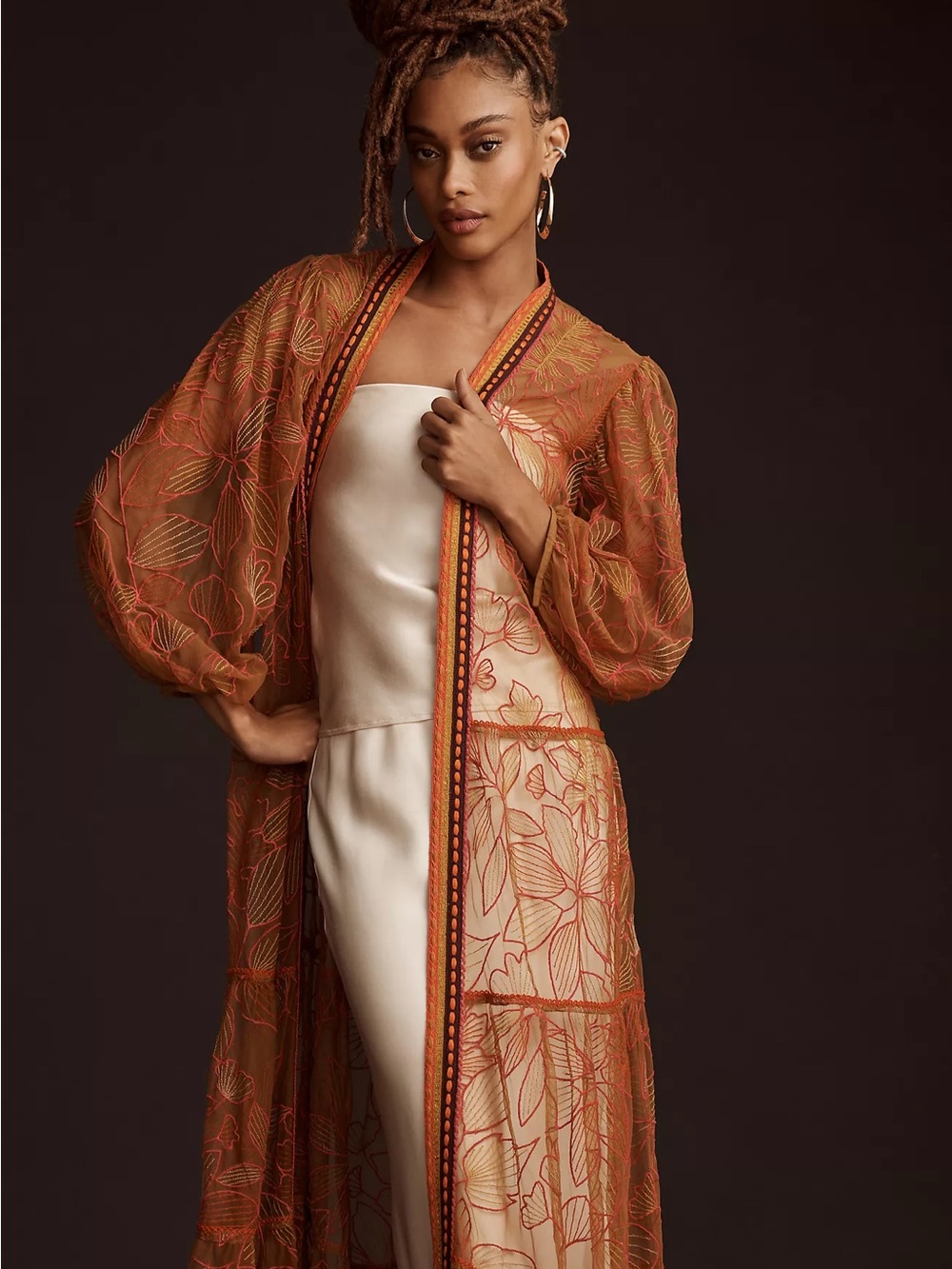 Sheer Floral Embroidered Duster Coverup in Rust Orange - Picture 2 of 8